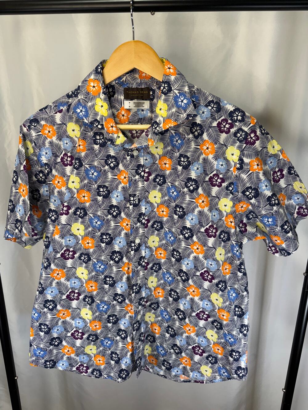 Thomas Dean Collection Mens M Hawaiian Floral Shirt Cotton Stretch Button Up